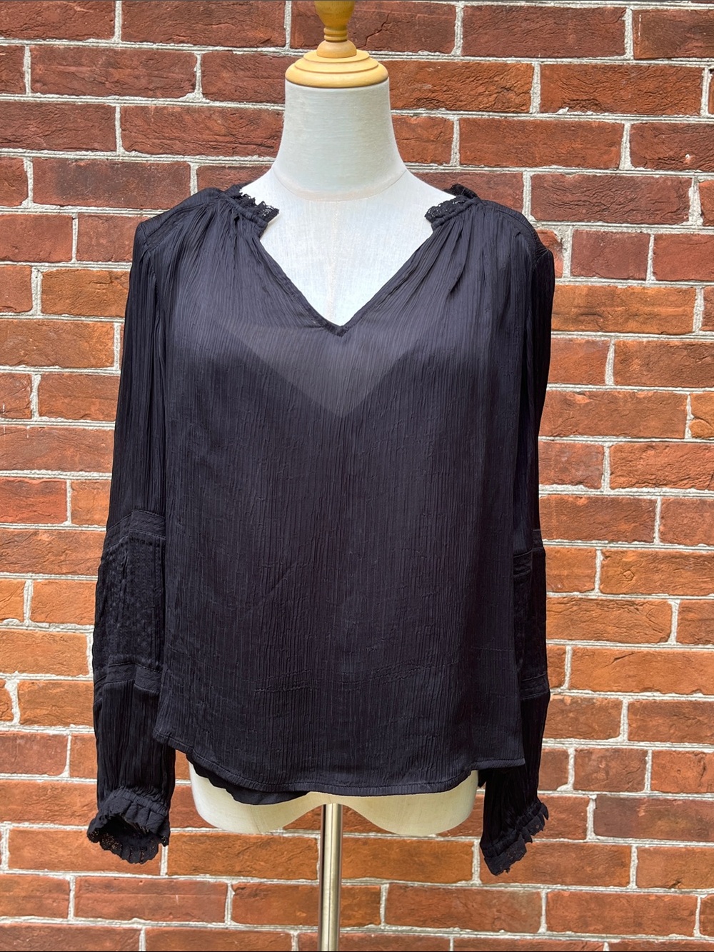 Velvet by Graham & Spencer Black Ruffle Trim Long Sleeve Blouse